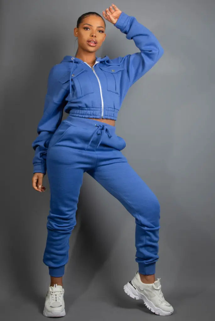 Royal Blue Cropped Hooded Tracksuit (Pak088)