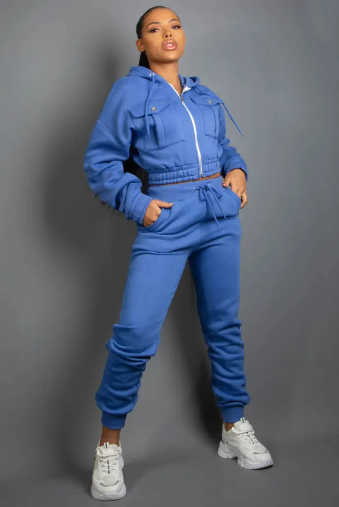 Royal Blue Cropped Hooded Tracksuit (Pak088)