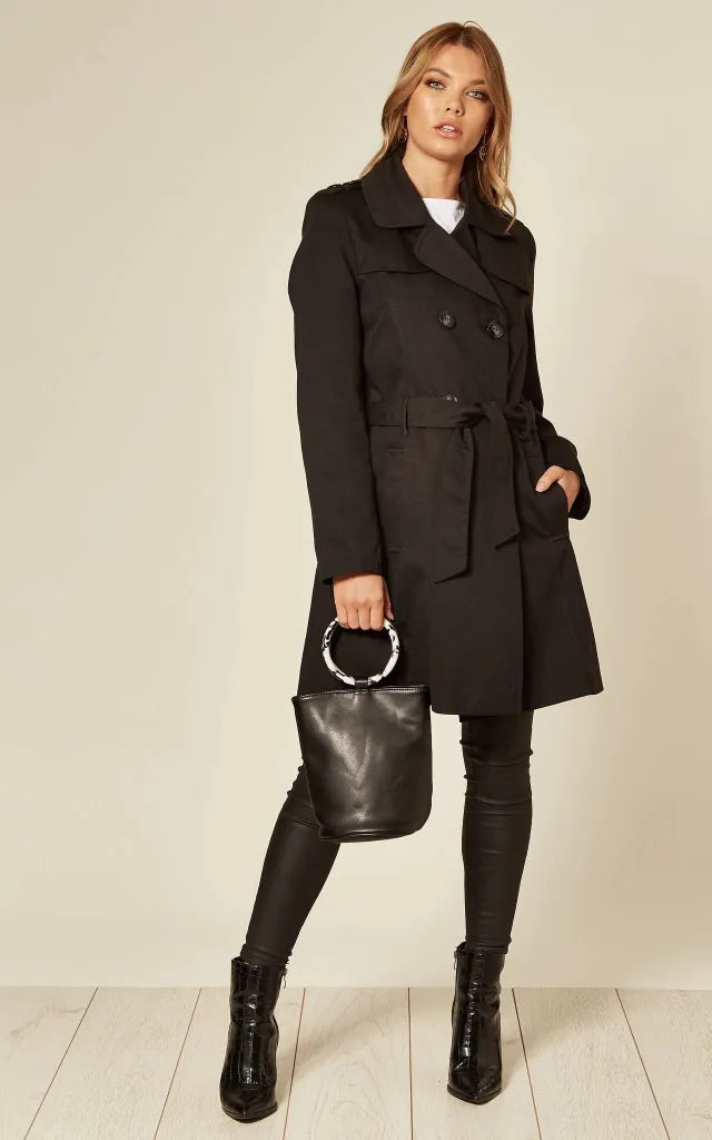 De La Creme - Womens Spring/summer Double Breasted Trench Coat Black / Uk 10/eu 38/us 6