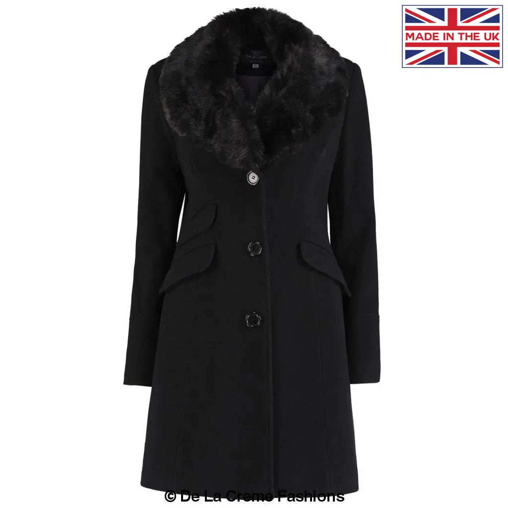 De La Creme - Womens Wool Blend Faux Fur Collar Midi Coat