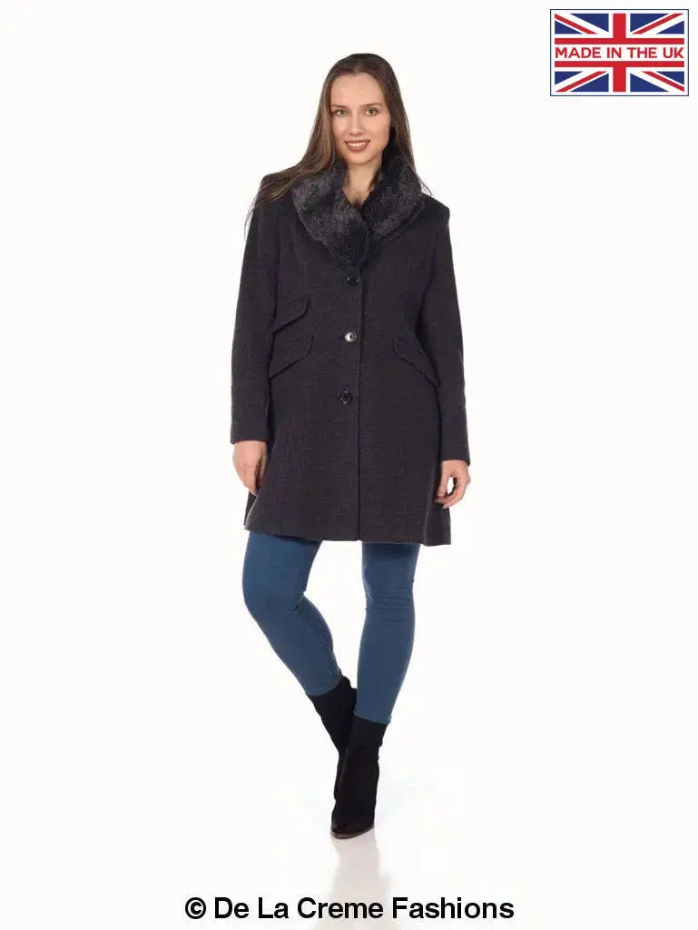 De La Creme Womens Wool Blend Faux Fur Collar Midi Coat