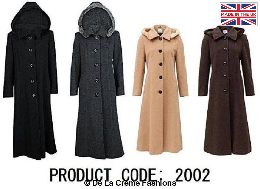De La Creme - Womens Wool Blend Faux Fur Trim Hooded Long Coat