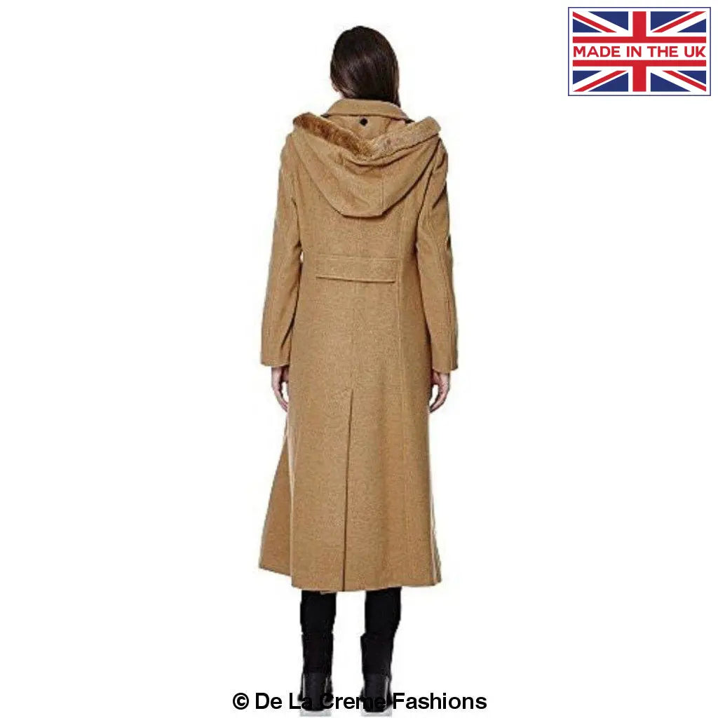 De La Creme - Womens Wool Blend Faux Fur Trim Hooded Long Coat